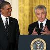 Former U.S. Sen. Chuck Hagel (R-NE) (R) speaks after U.S. President Barack Obama (L) nominated him to replace U.S. Secretary of Defense Leon Panetta as Defense Secretary