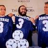 The Three Tenors hold their soccer jerseys in the early 1990s
