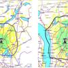 The coverage area for WQXR, currently (L), and after the planned signal expansion (R)