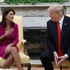 President Donald Trump meets with outgoing U.S. Ambassador to the United Nations Nikki Haley in the Oval Office of the White House, Tuesday, Oct. 9, 2018, in Washington. 