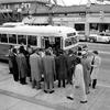 Clergymen stand around the front door of a public bus during a civil rights protest in Atlanta, Jan. 9, 1959.