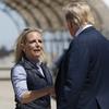 President Donald Trump greets Homeland Security Secretary Kirstjen Nielsen after he arrived on Air Force One at Naval Air Facility El Centro, in El Centro, Calif., Friday April 5, 2019. 