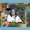 Surrounded by trees, Marilyn Vann stares intensely at the camera. The image is set into a frame featuring The Experiment’s show art.