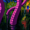 Pink tentacle-like arms rise out of dark water, surrounded by lush greenery. In the background, a person dangles their feet off a dock, staring into the ripples they made, ignoring the enormous arms.