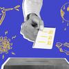 A black and white hand on a blue background turns in a ballot to a voting box. Around the hand are bright yellow drawings of a fish, the COVID virus, the Earth, and an oil container.