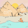 A beach scene with a grungy primordial creature crawling out of the water toward adobe huts with an apocalyptic sun in the background.