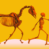 A skeletal horse following a skeletal man from left to right.