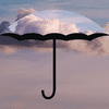 Silhouette of an umbrella over a clouded sky.