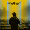 A small drone hovering over a soldier in full tactical gear.