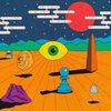A 70's psychedelic illustration of a moonscape, with a lion's head, an all see-eye, an obelisk, and a jellyfish.