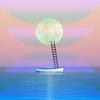 An illustration of a canoe, in the middle of a body of water, with a ladder extended to a full moon just over the water.