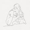 Pencil outline drawing of a woman and a chimpanzee in the middle of a hug.