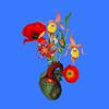 An illustration of an anatomical heart with an assortment of flowers coming out of it.