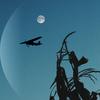 A small plane flying over a silhouette of a cornstalk under a full moon. 