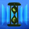 An hourglass in front of a blue background.