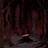 An illustration of a tree stump, alone in a dark forest.