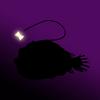 The black silhouette of an angler fish, with a glowing lure dangling from an antenna on its head, against a purple background.