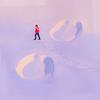 An illustration of a person walking through the snow dwarfed by the footprints of a large animal. 