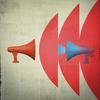 An illustration of two megaphones facing each other to represent debating different views.