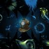 An illustration of a deep sea diving helmet surrounded by luminescent creatures in the dark below.