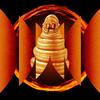 A blownup microscopic picture of an insect larva looking right the viewer, with a fiery ring behind it and waves of foreboading emanating from it. 