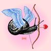 A biological illustration of a snail with cupid wing, stringing and shooting cupid's arrow -- an arrow with a heart on the end.