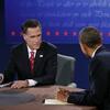 U.S. President Barack Obama (R) debates with Republican presidential candidate Mitt Romney.