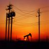 oil derrick, oil pump, powerlines, sunset