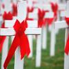 crosses in a graveyard with red AIDS ribbons