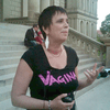 Playwright Eve Ensler on the steps of the Michigan state capitol in Lansing