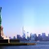 New York City skyline with spiral tower.