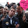 Spencer Jones looks on as his husband Tyler Barrick cries during a rally to celebrate the ruling to overturn Proposition 8 August 4, 2010 in San Francisco, California.