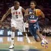 The USA's Kevin Durant and France's Mickael Gelabale during the Global Community Cup basketball exhibition game between France and the USA August 15, 2010 at Madison Square Garden in New York.