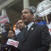 Bronx Borough President Ruben Diaz, Jr., celebrates the City Council's rejection of the Kingsbridge Armory mall project.