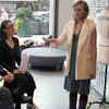 Parsons BFA student Isabella Scott models her prototype of an orchestra jacket for Marin Alsop (L) and New School faculty.