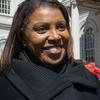 NYC Public Advocate Letitia James talks to press after a city hall rally.