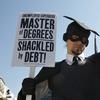In this Oct. 6, 2011 photo, Gan Golan, of Los Angeles, dressed as the 'Master of Degrees,' holds a ball and chain representing his college loan debt, during Occupy DC activities in Washington. 