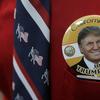 Donald Trump supporter Robert Tally wears a button of Trump before the California Republican Party 2016 Convention in Burlingame, Calif., Friday, April 29, 2016. 