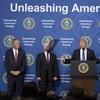 President Donald Trump, center, standing with from left, Interior Secretary Ryan Zinke, Vice President Mike Pence, Energy Secretary Rick Perry and EPA Administrator Scott Pruitt.