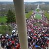 Teachers from across Kentucky gather outside the state Capitol to rally for increased funding and to protest changes to their state funded pension system, Monday, April 2, 2018, in Frankfort, Ky.