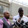 Raymond Santana (L), Yusef Salaam (C), Kevin Richardson (R) and Salaam's mother Sharonne Salaam speaking outside of City Hall after the city agreed to pay a $40 million settlement.