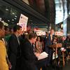 Mayor de Blasio, City Council Speaker Corey Johnson, members of the council and advocates celebrate the agreement to offer half-price MetroCards to low income New Yorkers, known as Fair Fares.