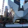 A close view of the Santiago Calatrava designed transit hub at the World Trade Center site.