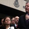 Mayor Bill de Blasio, City Council Speaker Melissa Mark-Viverito and Fire Commissioner Sal Cassano outside of a Salvation Army relief center in Harlem.