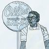Ollie's Barbecue employee in front of the restaurant's 'World's Best Bar-B-Q' sign