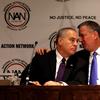State comptroller Thomas DiNapoli and Mayor Bill de Blasio at the opening of the National Action Network annual convention on April 10, 2104.