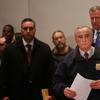  New York City Police Commissioner William J. Bratton is followed by Mayor Bill de Blasio at a news conference atWoodhull Hospital following the killing of two New York City police officers.