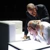 Peter Sarsgaard and Harris Yulin in the Classic Stage Company production of HAMLET.