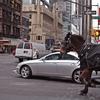 A horse and carriage drive through traffic in midtown. 