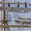 Crew members aboard the Danish merchant marine training ship, the Danmark, stand high above the deck on the rigging to unfurl the sails as the ship prepares to sail up the Chesapeake Bay.